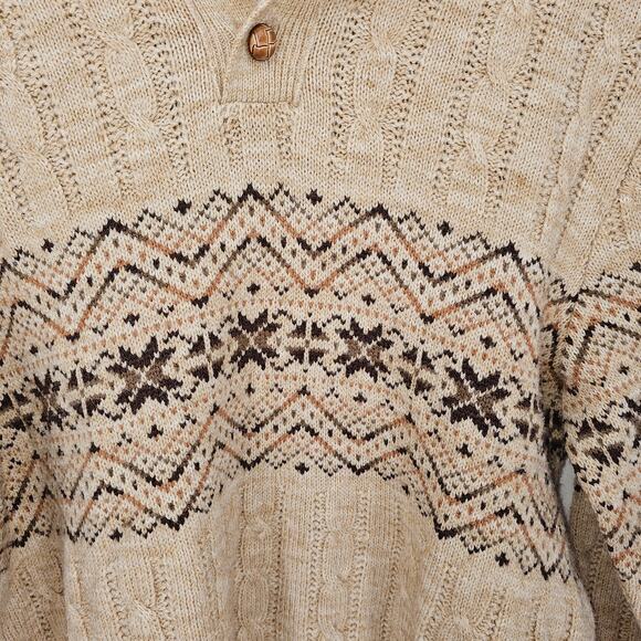 Vintage Jantzen Sweater Mens M 80s Fair Isle Ski Nordic Tan Cable Knit Cabincore - Picture 6 of 6